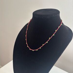 Handmade Pink Beaded Necklace with Green Accent Beads